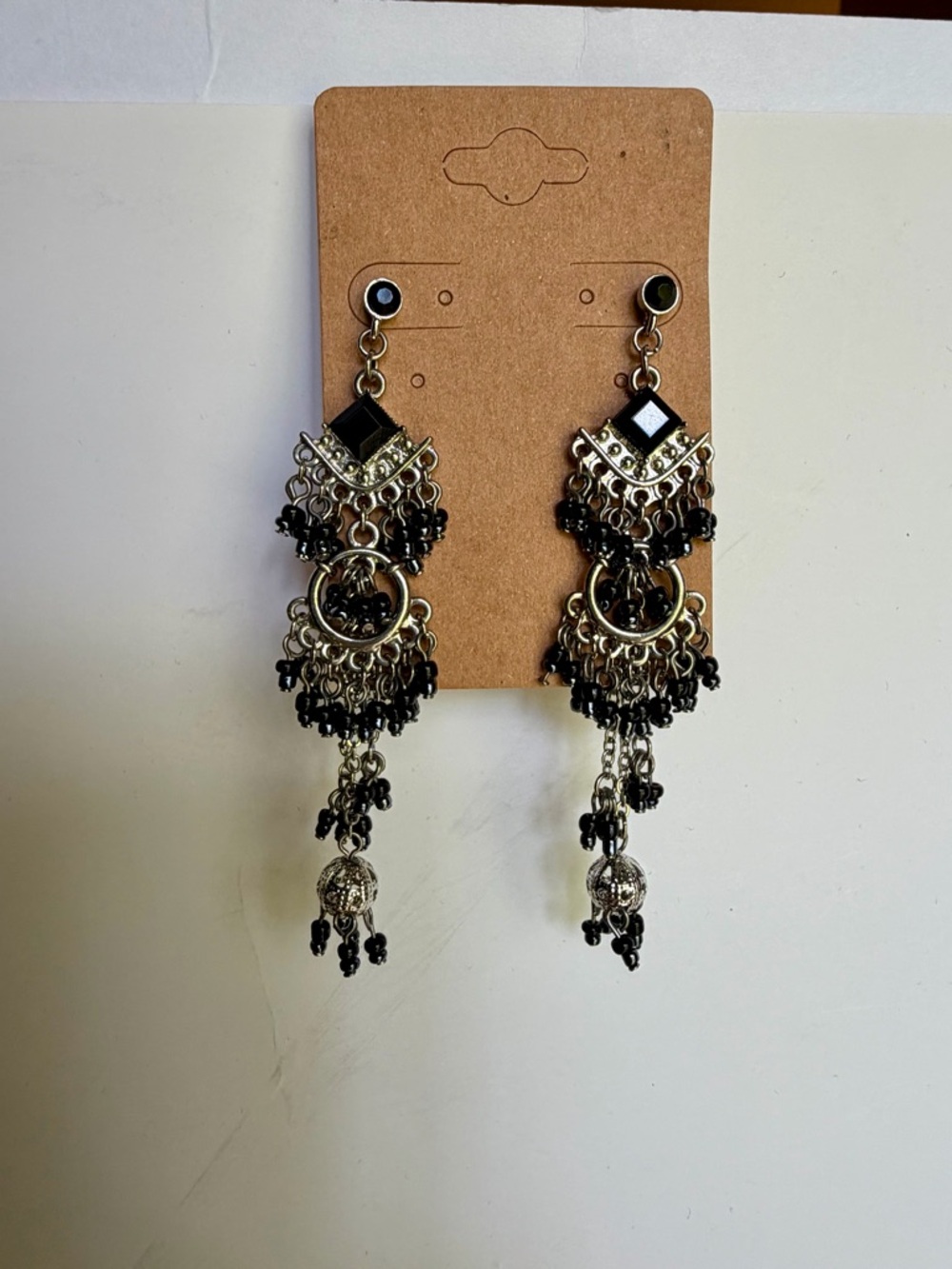 Black Beaded Tassel Earrings